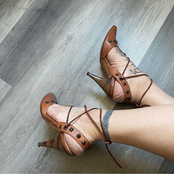 Georgina Goodman Heels Brown Leather Ankle Lace Up Studded Designer - Picture 11 of 11